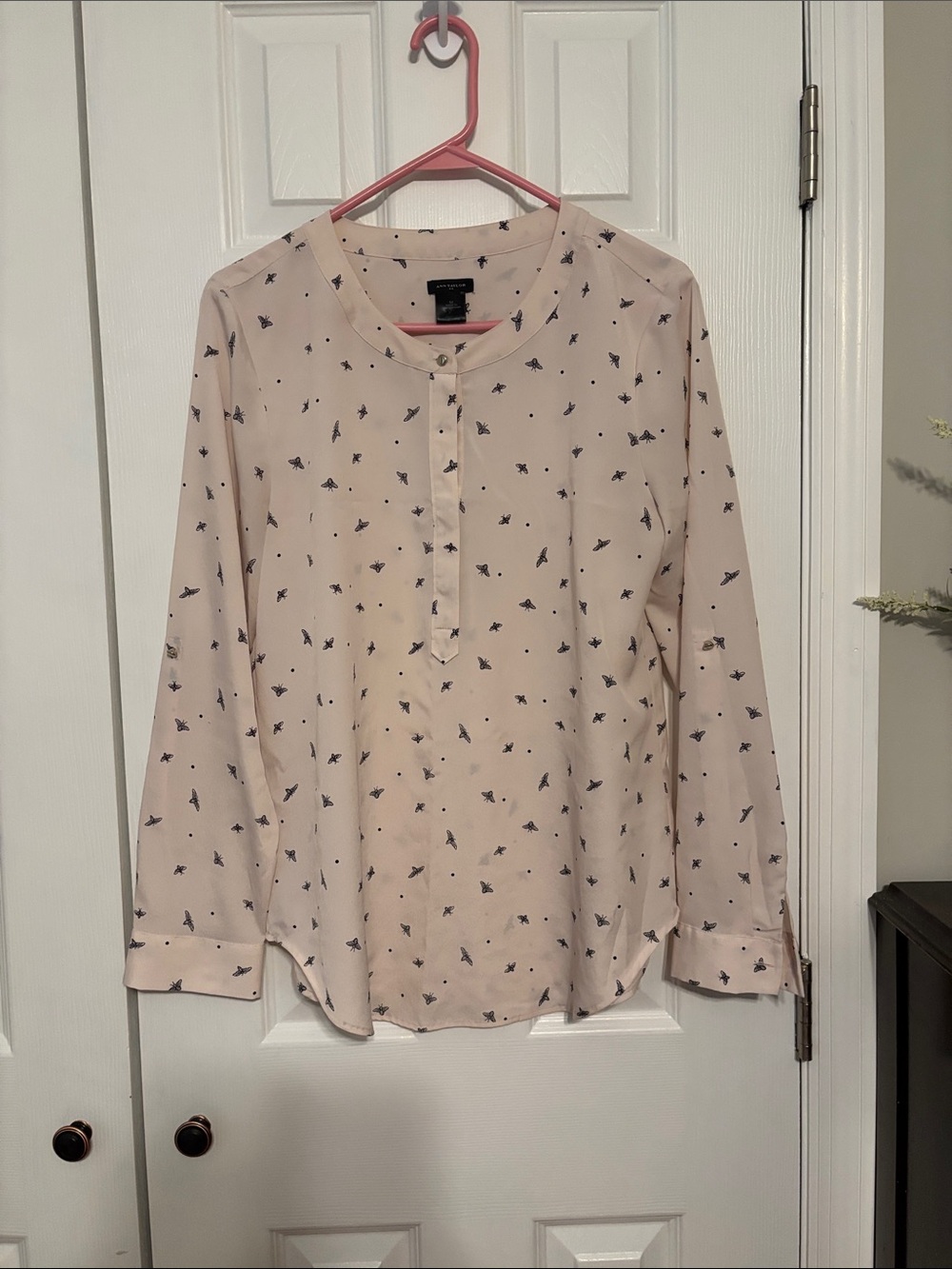 Ann Taylor Blush Pink Bird-Print Long Sleeve Blouse